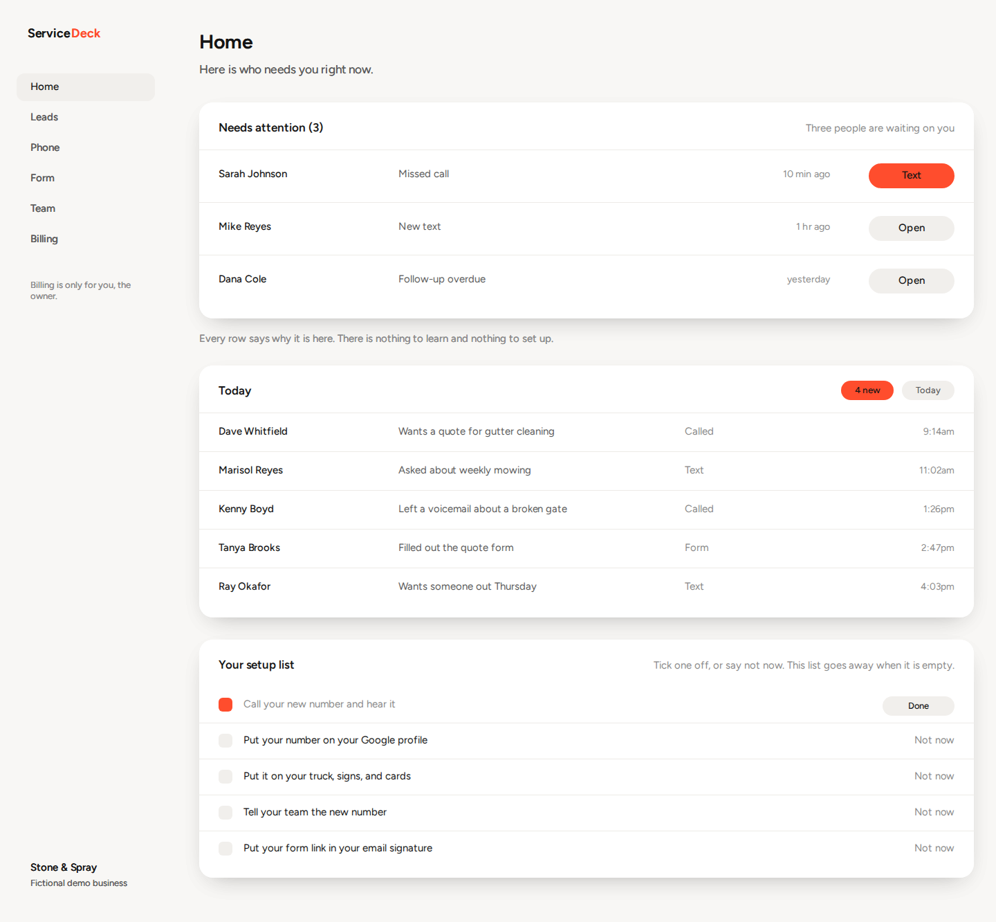 ServiceDeck Home dashboard design showing Needs attention and fictional example leads.